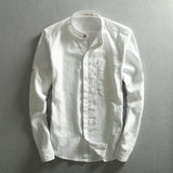 Men Solid Linen Shirt Chinese Traditional Mandarin Collar Cotton Dress Shirts Long Sleeve Linen Shirt Male Business Shirt TS-310
