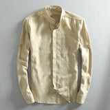 Men Solid Linen Shirt Chinese Traditional Mandarin Collar Cotton Dress Shirts Long Sleeve Linen Shirt Male Business Shirt TS-310