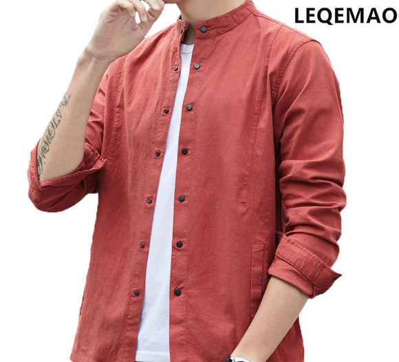 2019 NEW Men Stand Collar Slim  Solid Color Shirt em8 Men's Trend  Casual Long Sleeve Shirt fhk18-12