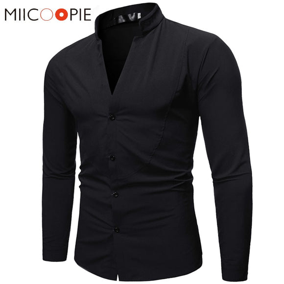 V Neck Solid Color Shirt Men Spring Autumn Long Sleeve Stand Collar Business Dress Shirt Male Formal Camisa Social Masculina XXL