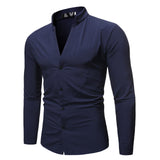 V Neck Solid Color Shirt Men Spring Autumn Long Sleeve Stand Collar Business Dress Shirt Male Formal Camisa Social Masculina XXL