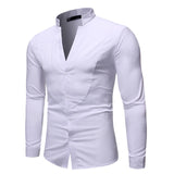 V Neck Solid Color Shirt Men Spring Autumn Long Sleeve Stand Collar Business Dress Shirt Male Formal Camisa Social Masculina XXL
