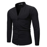 V Neck Solid Color Shirt Men Spring Autumn Long Sleeve Stand Collar Business Dress Shirt Male Formal Camisa Social Masculina XXL