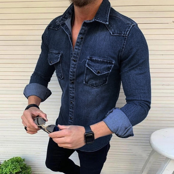 Denim Shirt Men Cotton Jeans Shirt Fashion Autumn Casual Slim Fit Long Sleeve Shirts Cowboy Shirt Stylish Tops Asian Size 3XL