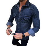 Denim Shirt Men Cotton Jeans Shirt Fashion Autumn Casual Slim Fit Long Sleeve Shirts Cowboy Shirt Stylish Tops Asian Size 3XL