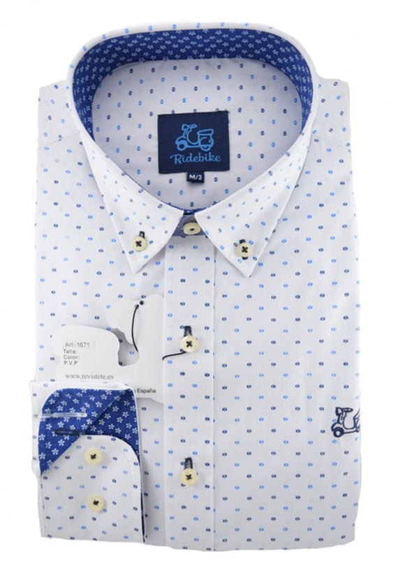 Camisa blanca Ridebike hombre con estampados azules