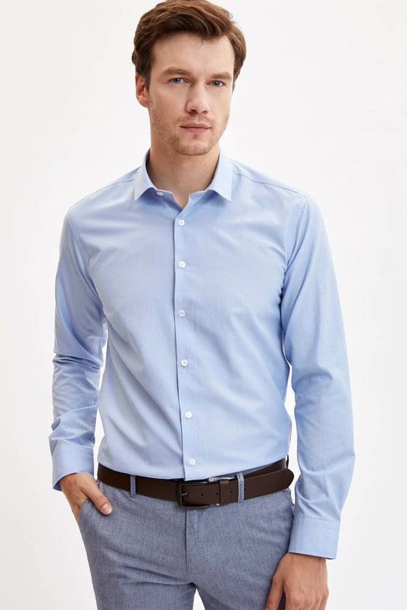 DeFacto Men Formal Business Blue Top Shirt Long Sleeve Smart Casual Fit Office Turn-down Collar Shirt High Quality-L5281AZ19AU