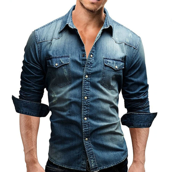 2018 Fashion Brand Men Shirt Male Long Sleeve Lapel Shirts High Quality Casual Solid Color Denim Slim Fit Mens Shirts M-XXXL